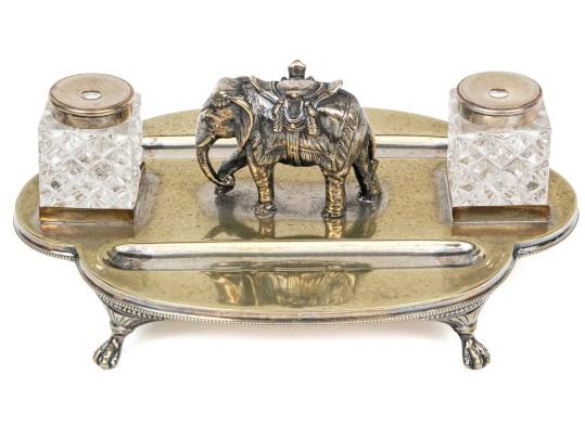 Antique Englidh Silver Plate Pen Tray With Elephant Figure