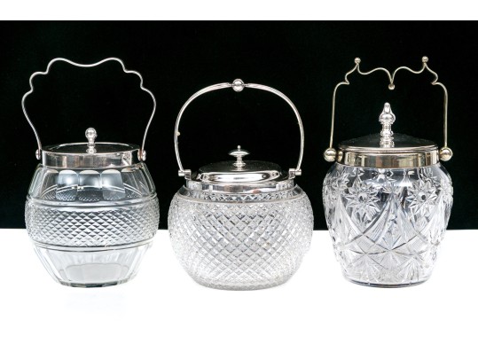 Group Of Three Antique Cut Glass And Silverplate Biscuit Jars