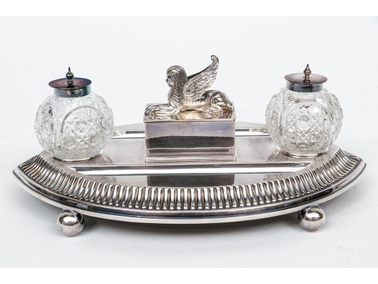 English Silver Plated Egyptian Revival Inkwell With Two Lidded Bottles