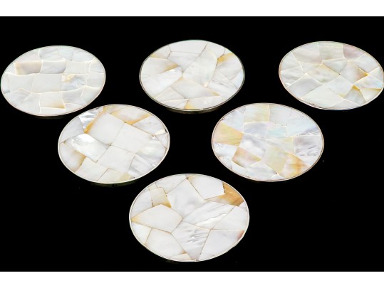 Set Of Six Sterling Silver Mounted Shell Coasters