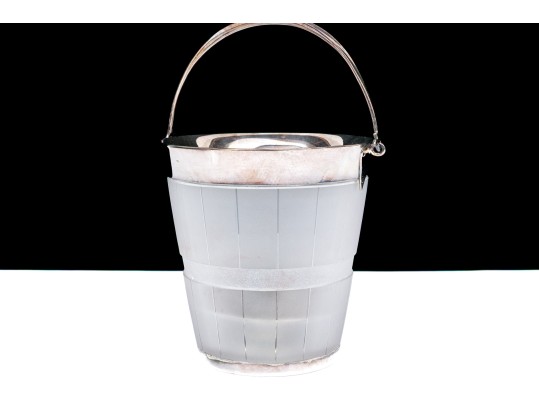 Elegant Silver Plate Mounted Frosted Glass Ice Bucker With Plated Interior Liner