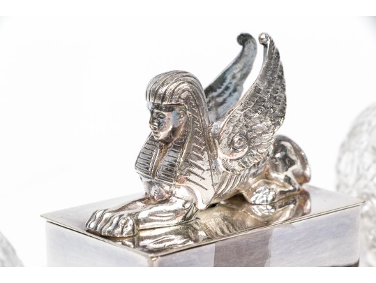 English Silver Plated Egyptian Revival Inkwell With Two Lidded Bottles