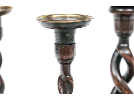 Set Of Four Carved Oak Barley Twist And Brass Candlesticks