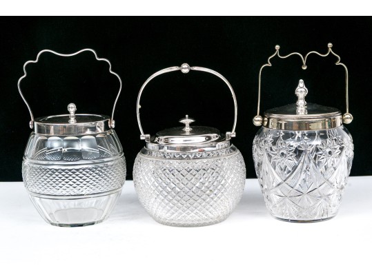Group Of Three Antique Cut Glass And Silverplate Biscuit Jars