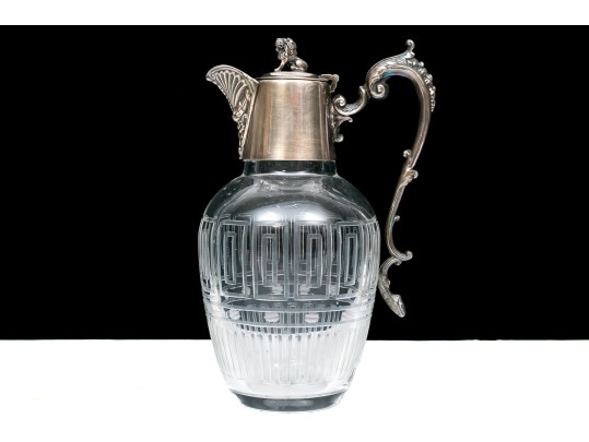 Antique Late 19th Classical Silver Plated Etched Crystal Claret Jug