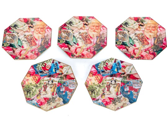 Set Of Five Christmas Theme Decoupage Glass Dishes By Durwin Rice New York