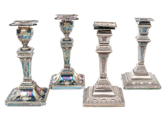 Two Pairs Of Silver Plated Candlesticks