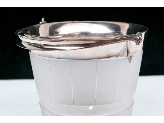 Elegant Silver Plate Mounted Frosted Glass Ice Bucker With Plated Interior Liner