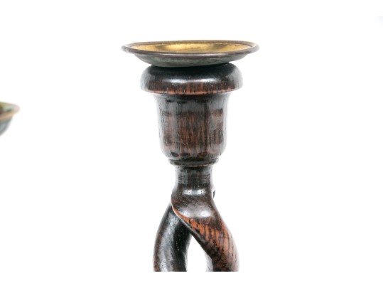 Set Of Four Carved Oak Barley Twist And Brass Candlesticks