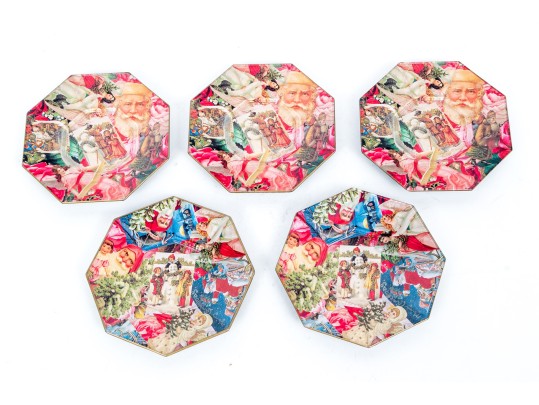 Set Of Five Christmas Theme Decoupage Glass Dishes By Durwin Rice New York