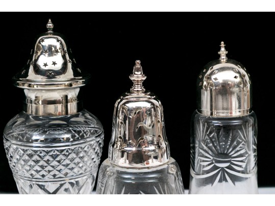 Collection Of Five Large Cut Crystal And Silverplate Shakers 