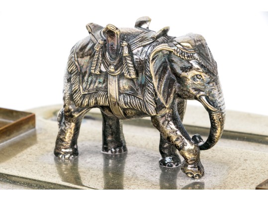Antique Englidh Silver Plate Pen Tray With Elephant Figure