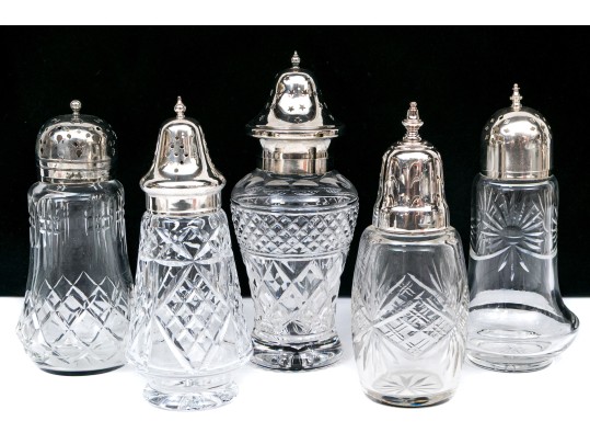 Collection Of Five Large Cut Crystal And Silverplate Shakers 