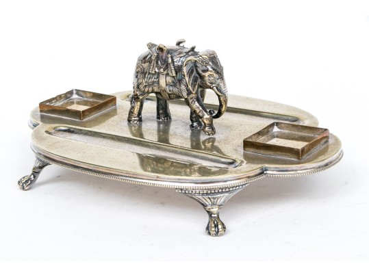 Antique Englidh Silver Plate Pen Tray With Elephant Figure