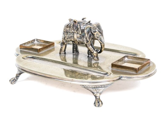 Antique Englidh Silver Plate Pen Tray With Elephant Figure
