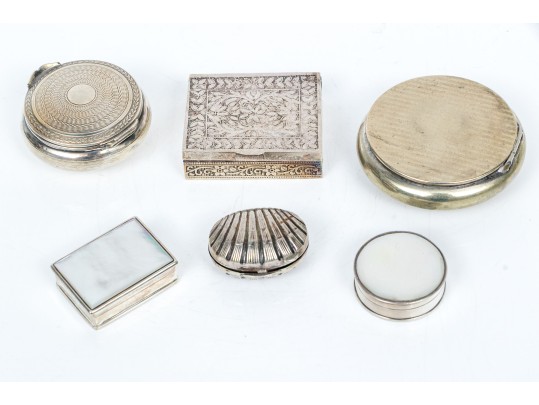 Collection Of Six Pillboxes, Including Two English Sterling And One French 800 Silver