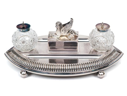 English Silver Plated Egyptian Revival Inkwell With Two Lidded Bottles