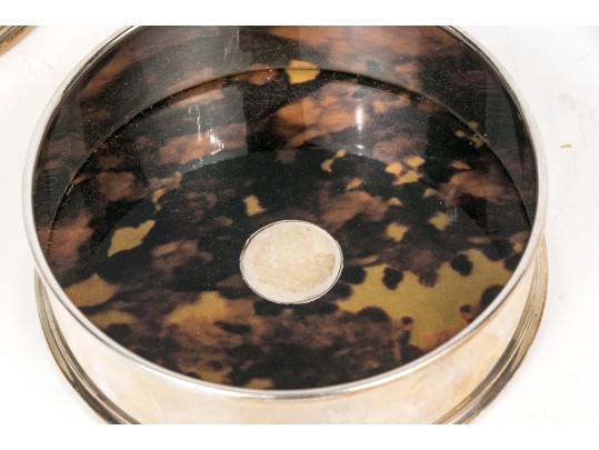 Quality Pair Of Silver Plate Mounted Faux Tortoise Shell Coasters