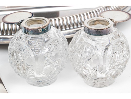 English Silver Plated Egyptian Revival Inkwell With Two Lidded Bottles