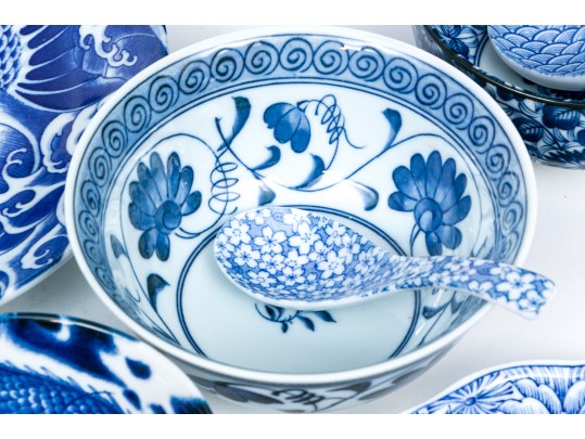 Asian Blue And White Serving And Decorating Lot