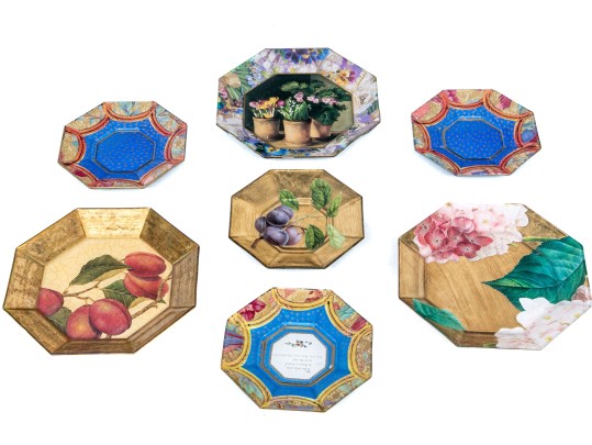 Collection Of Seven Decoupage Octagonal Glass Plates 