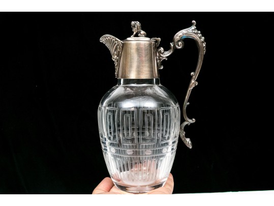 Antique Late 19th Classical Silver Plated Etched Crystal Claret Jug