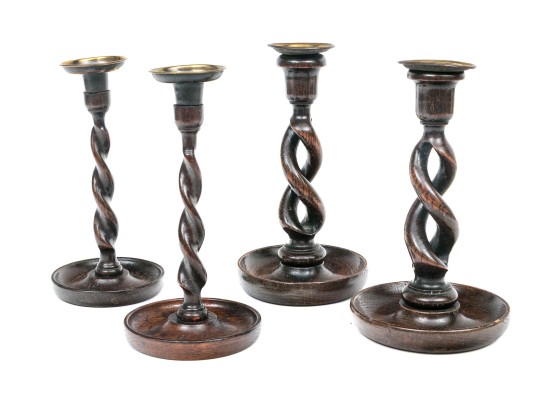 Set Of Four Carved Oak Barley Twist And Brass Candlesticks