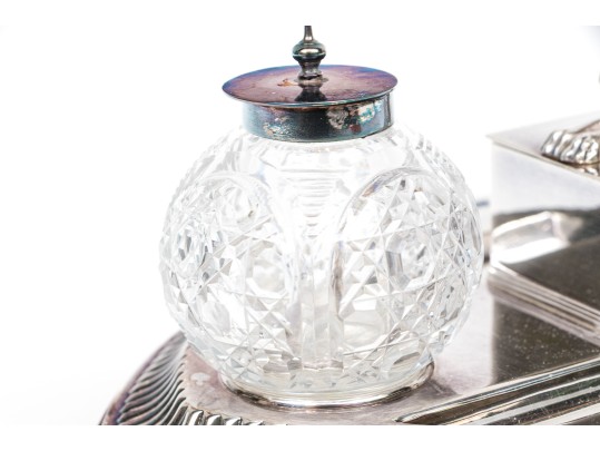 English Silver Plated Egyptian Revival Inkwell With Two Lidded Bottles