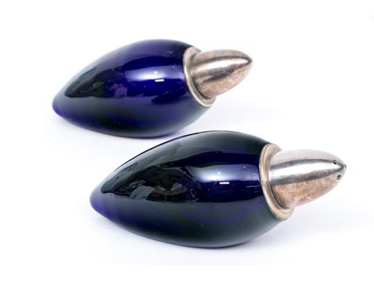 Pair Of Fine Modernist Cobalt Crystal And Silverplate Shakers 