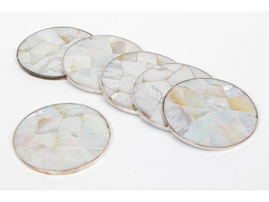 Set Of Six Sterling Silver Mounted Shell Coasters