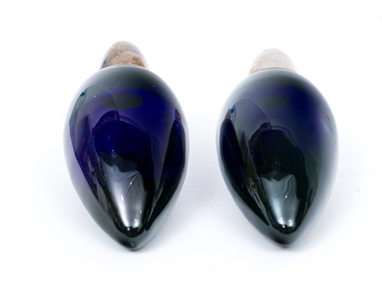Pair Of Fine Modernist Cobalt Crystal And Silverplate Shakers 