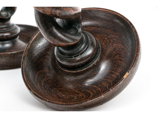Set Of Four Carved Oak Barley Twist And Brass Candlesticks