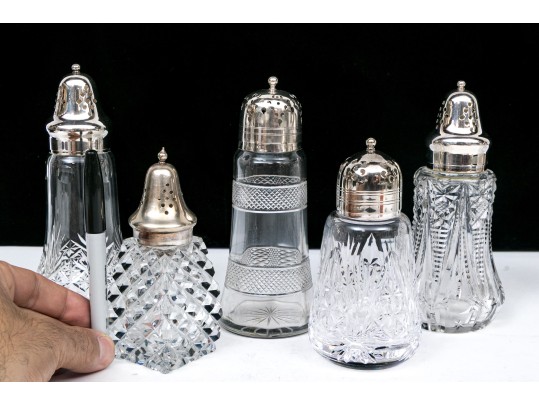 Collection Of Five Large Cut Crystal And Silverplate Shakers