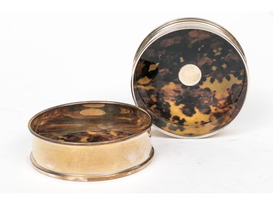 Quality Pair Of Silver Plate Mounted Faux Tortoise Shell Coasters