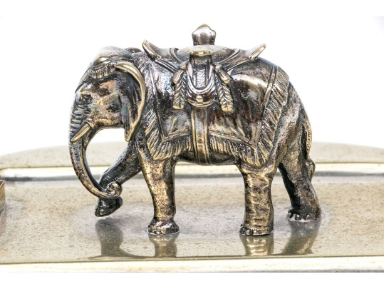 Antique Englidh Silver Plate Pen Tray With Elephant Figure
