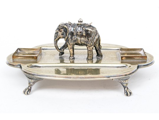 Antique Englidh Silver Plate Pen Tray With Elephant Figure