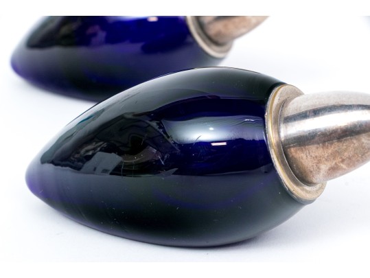 Pair Of Fine Modernist Cobalt Crystal And Silverplate Shakers 