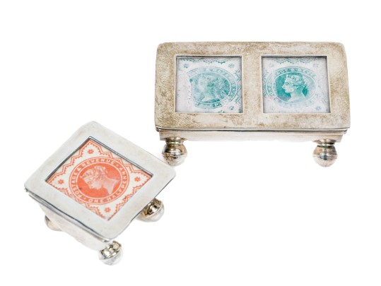 Two Small Sterling Silver Stamp Boxes   1.585 Gross Troy Ozs.