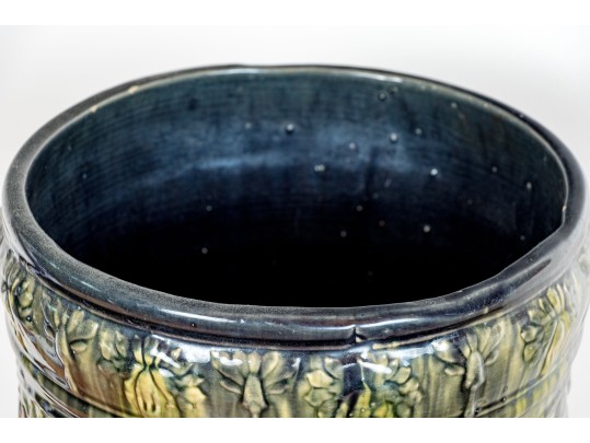 American Ceramic Jardiniere On Pedestal, Art Nouveau Red And Green