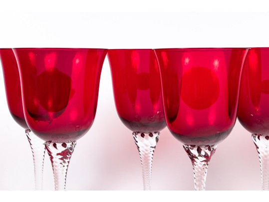 Set Of Seven Hand-Blown Ruby Glass Stemmed Goblets