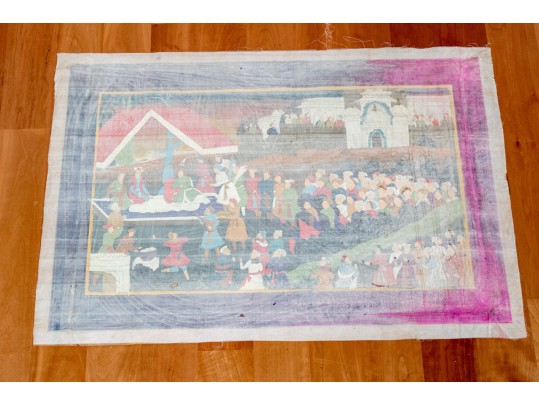 Vibrant Mughal Painting On Thin Fabric, Gathering Before The Emperor