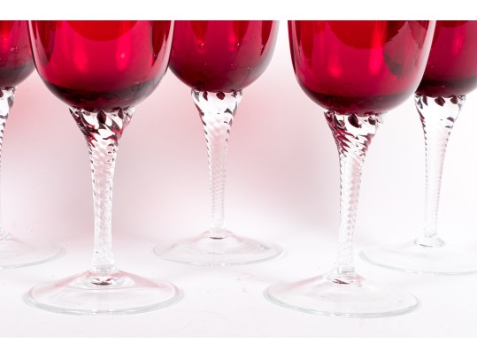 Set Of Seven Hand-Blown Ruby Glass Stemmed Goblets
