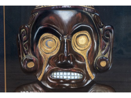 Signed Slinger Pastel On Black Paper, Taino Zemi Cohoba Stand, 1985