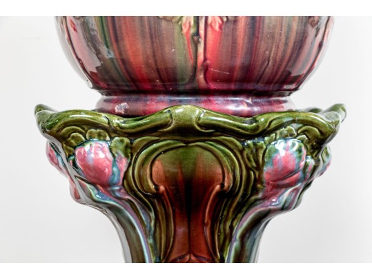 American Ceramic Jardiniere On Pedestal, Art Nouveau Red And Green