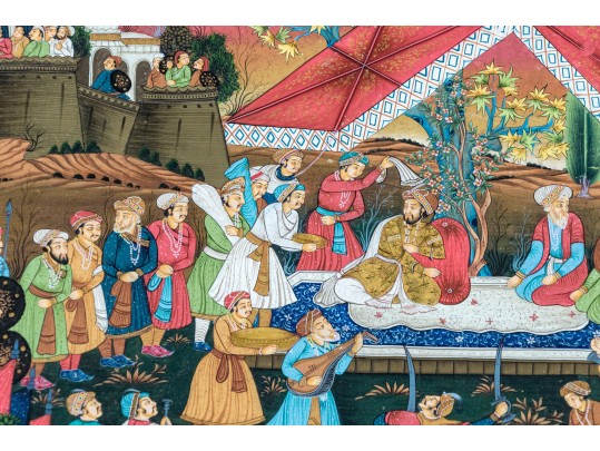 Vibrant Mughal Painting On Thin Fabric, Gathering Before The Emperor