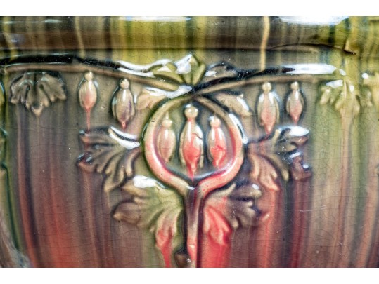 American Ceramic Jardiniere On Pedestal, Art Nouveau Red And Green