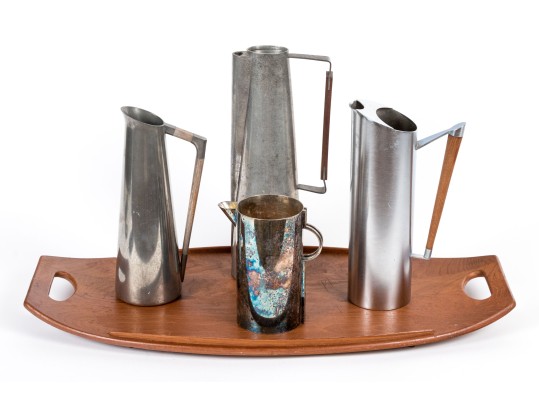 Variety Of Mixed Metal Pitchers And Teak Serving Tray Including A. Pozzi