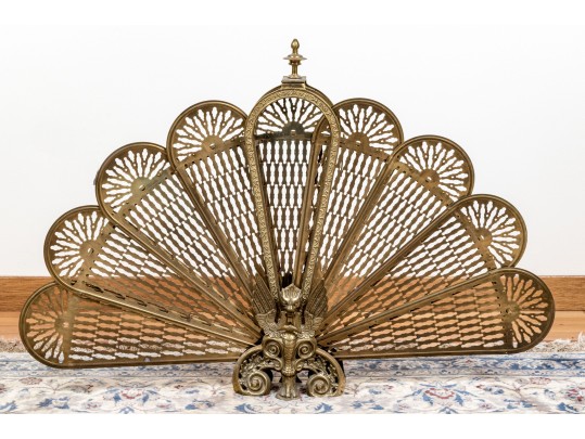 Antique Brass Reticulated Collapsible Peacock Spark Screen