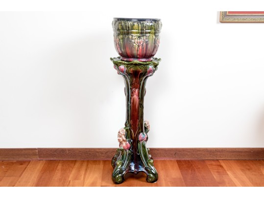 American Ceramic Jardiniere On Pedestal, Art Nouveau Red And Green