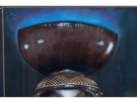 Signed Slinger Pastel On Black Paper, Taino Zemi Cohoba Stand, 1985